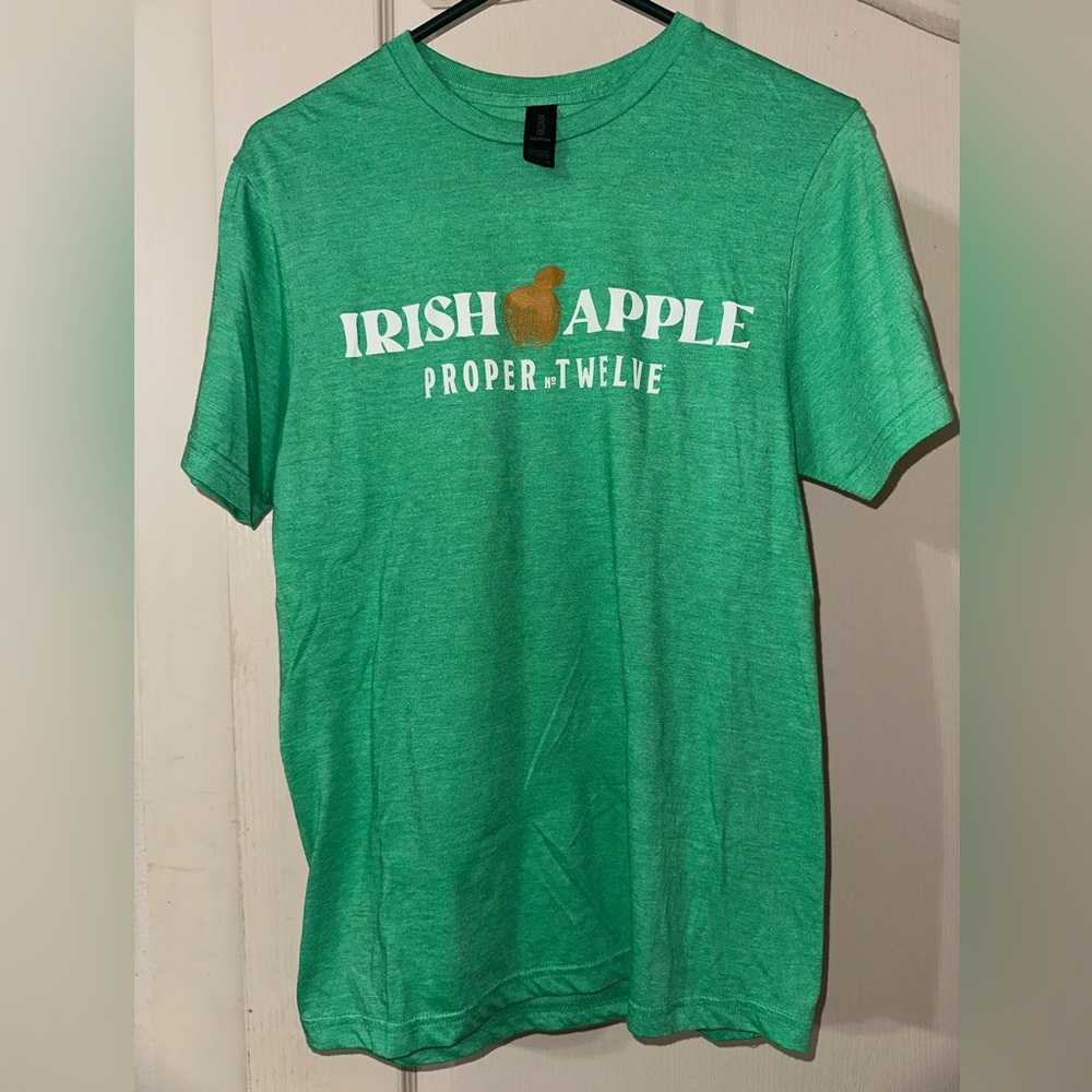 (S) Proper 12 Irish Apple whiskey Green Tee shirt. Perfect for St. Paddy’s Day!